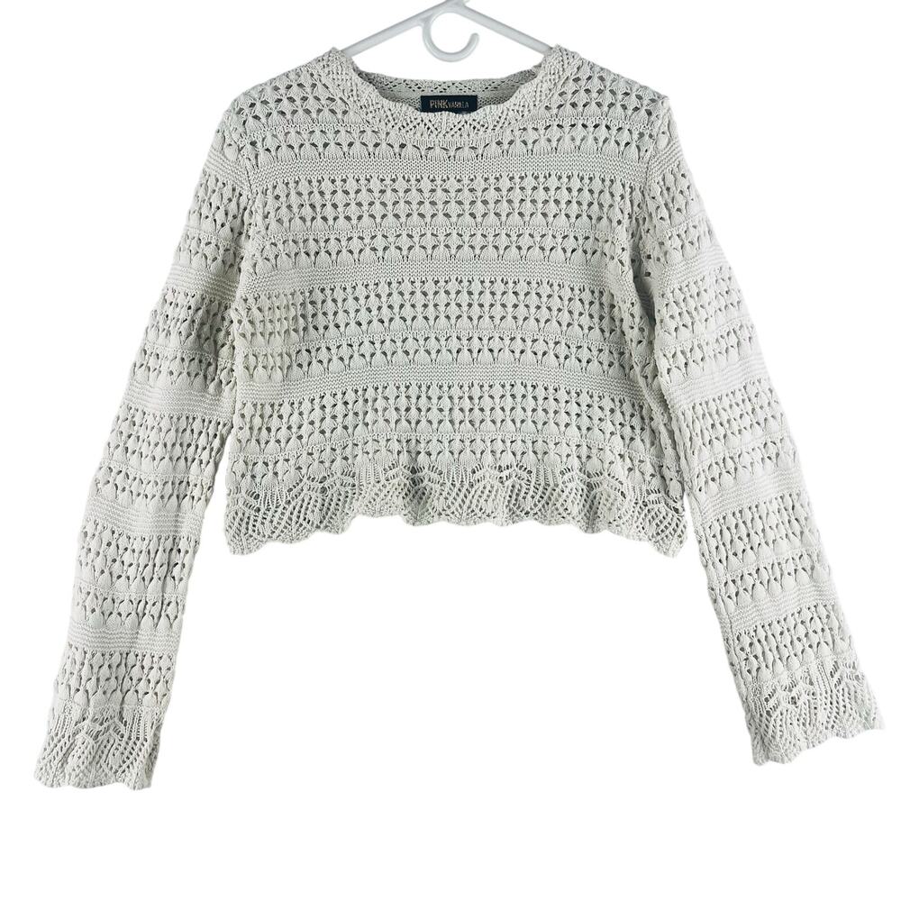 Pink Vanilla Women’s 100% Cotton Crochet Cropped Sweater Sz S/M Cream
